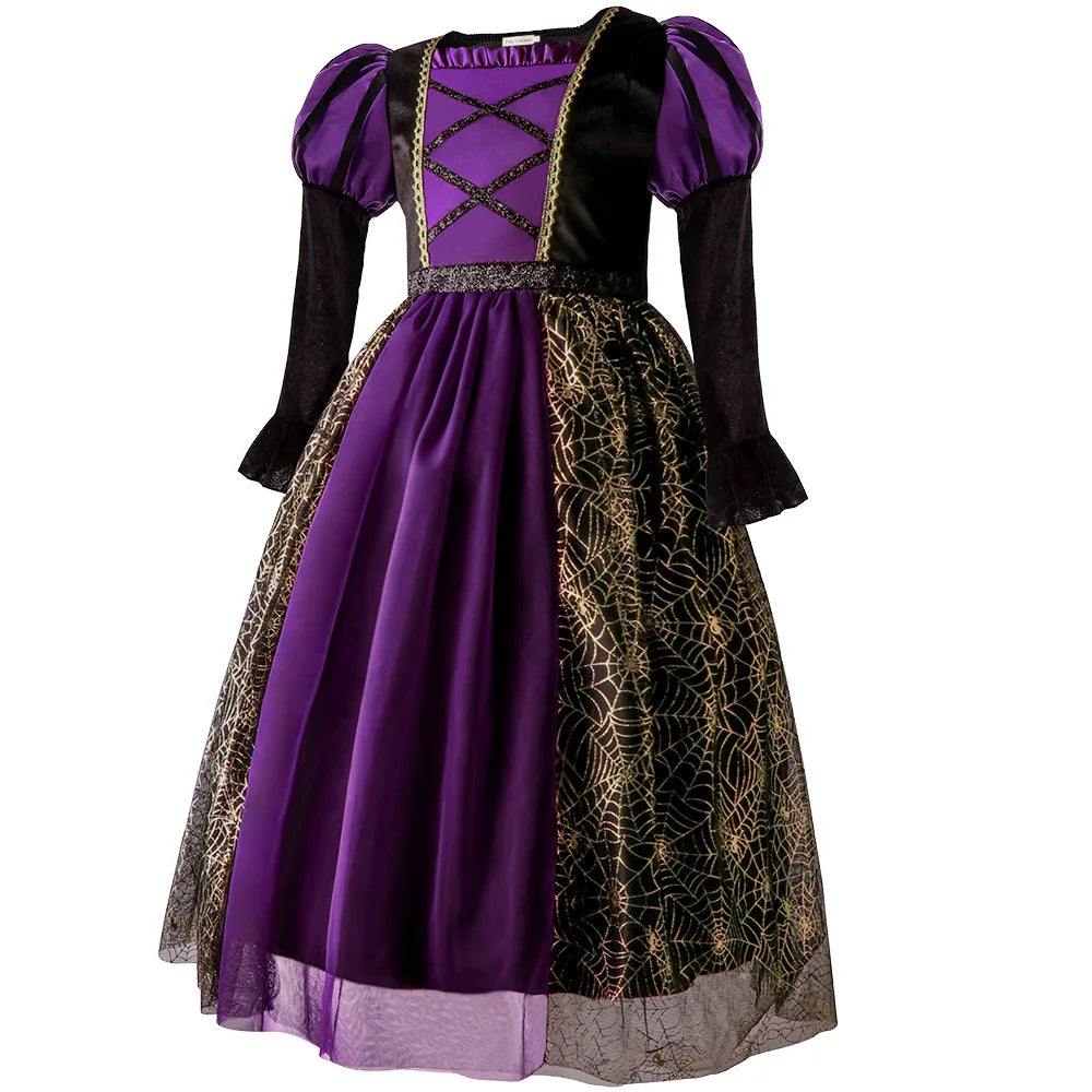 2025 Halloween Easter Festive Party Girl Cosplay Classic Witch Purple Print Long Sleeve Dress Evil Horror Set Baby Birthday Gift