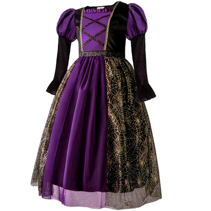 2025 Halloween Easter Festive Party Girl Cosplay Classic Witch Purple Print Long Sleeve Dress Evil Horror Set Baby Birthday Gift