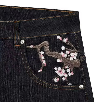 Y2K Vintage Low Waist Hip Hop Cherry Blossom Embroidered Jeans  Wide Leg Trousers Clothes Mens Embroidered Baggy Jeans Womes