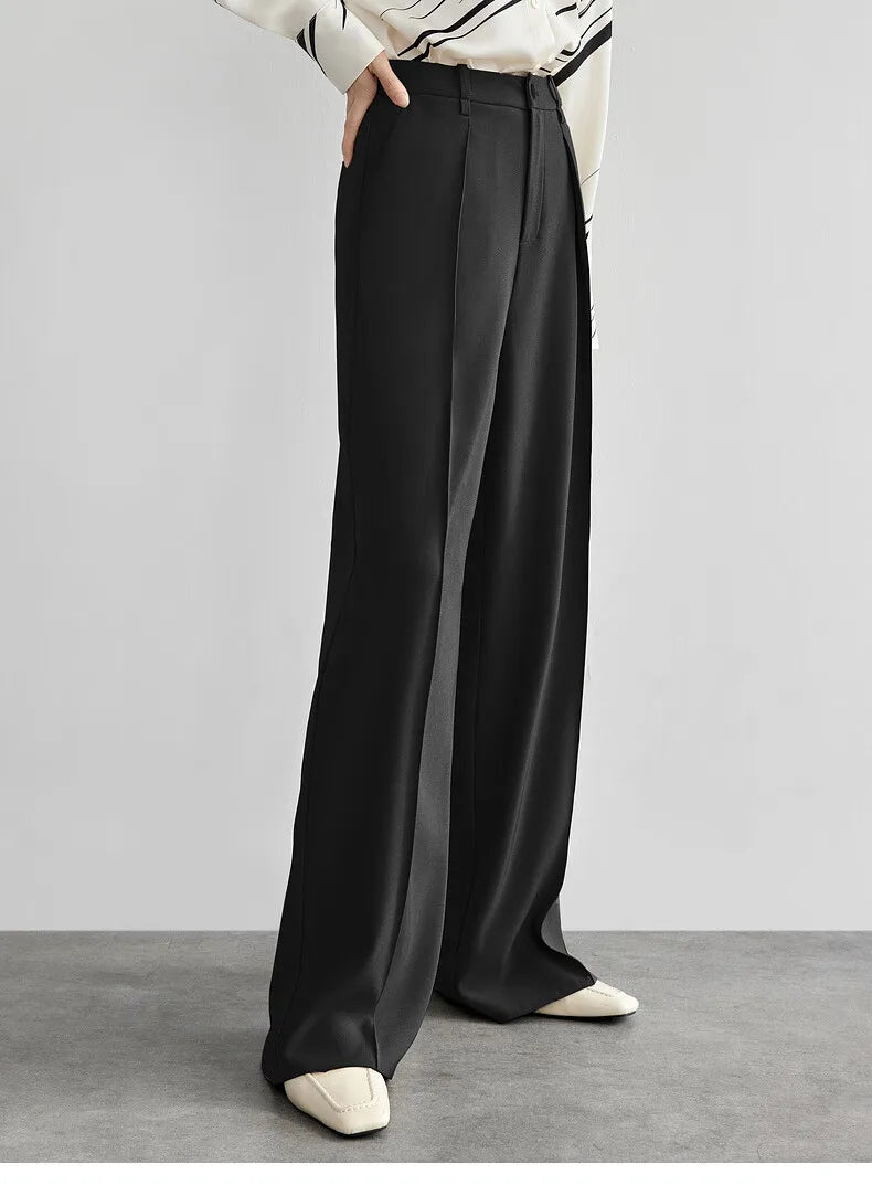 Women's Tailored Trousers Formal Solid High-waist Folds Twill Workwear Pockets Full-length Pants 2026 Spring 151K57704