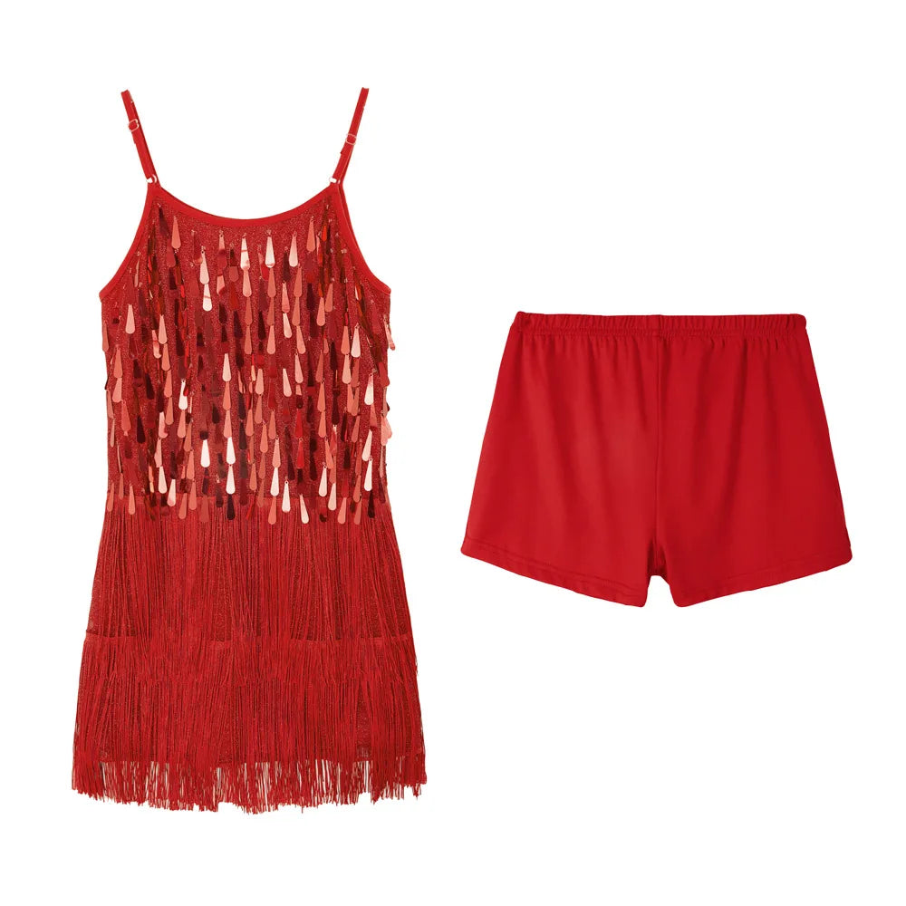 LOlanta 2Pcs Girls Sequin Latin Dance Dress Tassel Salsa Dancewear Sequin Fringe Dress Performance Outfits