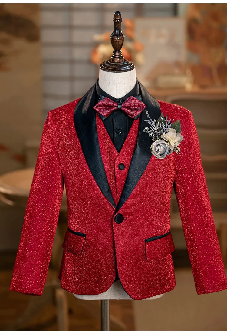 Children Luxurious Sequins Singer Host Photography Suit Boys Jacket Vest Pants 3PCS Performance Costume Kids Piano Wedding Dress
