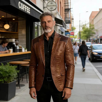 Men's Blazer Crocodile Embossed Leather Suit Jacket Shoulder Patch Notch Lapel Two Button Sport Coat Business Casual Flap Pocket