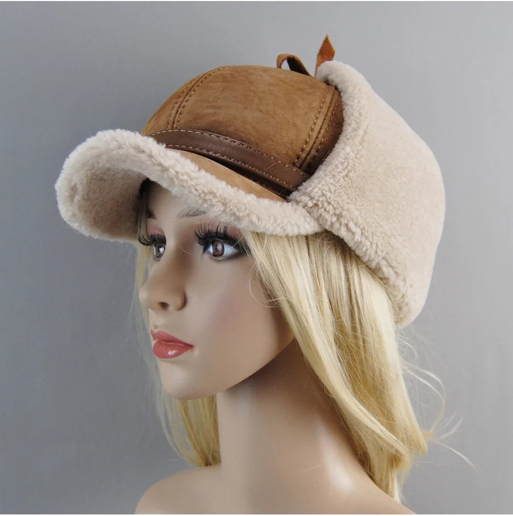 Real Fur Wool Hat Unisex New Winter Warm Bomber Russian Ushanka Hats With Ear Flaps Cow Leather Thick Snow Earflaps Baseball Cap
