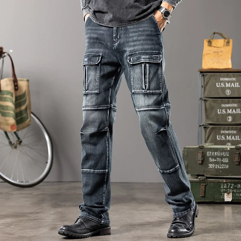 Autumn and winter new styles Men's Outdoor Wide Leg Workwear Multi-Pocket Jeans Straight fit plus size men's jeans  42 44