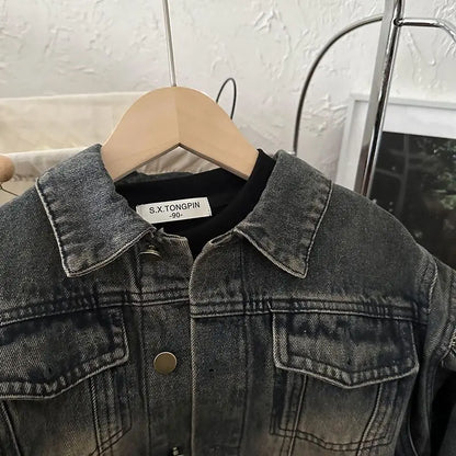Children's Korean Spring Autumn New Retro Matte Coat for Boys and Girls Korean Loose Cowboy Two Piece Set outfits
