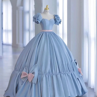 Customized Blue Flower Girl Dress For Wedding Bow Short Sleeve Floor Length Elegant Kids Birthday Party First Communion Gown