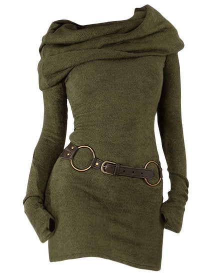 European and American Fashion Women's Temperament Commuter Pile Collar Solid Color Knitted Dress