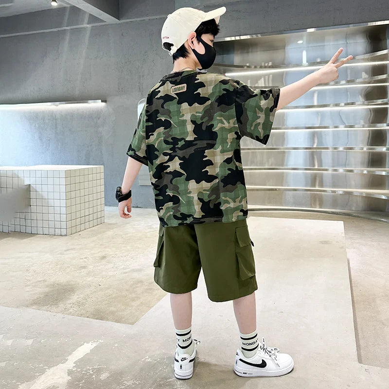 Kids Summer Set Causal Camouflage Sportswear Two Piece Clothing Set for Teenage Boy Short Sleeve T-shirt Shorts Tracksuit Outfit