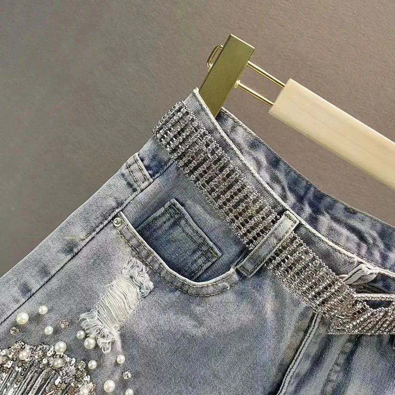 New 2026 Summer Women Heavy Beaded Rhinestone Shorts High Waist Sequin Tassel Ripped Wide Leg Hot Pants