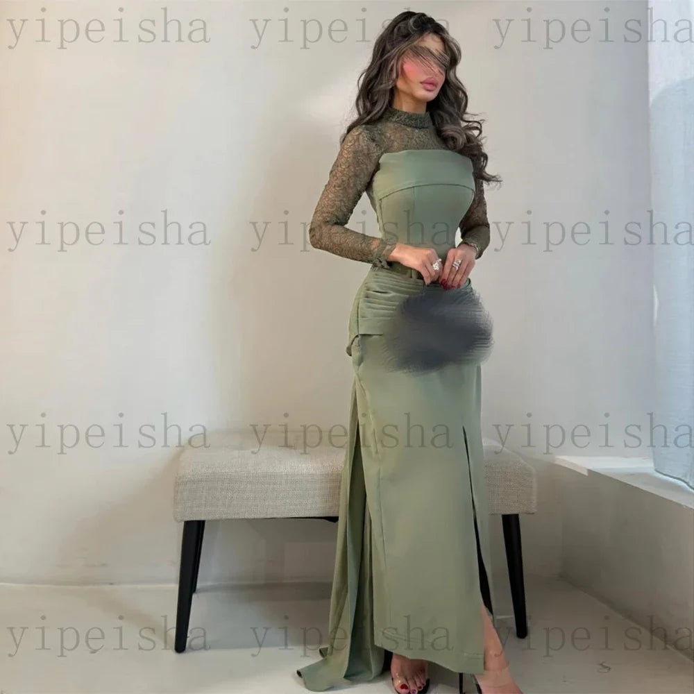 Customized High Neck Evening Dresses Front Split Ankle-Length Lace Full Sleeve Prom Gown Modern Pleat Straight Party Dress