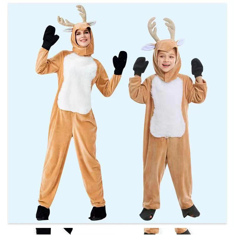 Children's Reindeer Cosplay Costume, One-piece Suit with Hat, Suitable for Halloween and Christmas Stage Performances