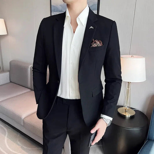 (Jacket + Pants) High End Brand Boutique Solid Color Mens Casual Business Office Suit Groom Wedding Dress Party Blazer Trousers