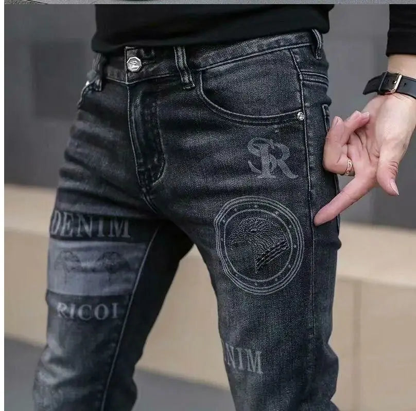 High End Stylish Classic Distinctive Printed Black Stretch Denim Jeans for Men High Quality Slim Fit Stretch Luxury Denim Pants