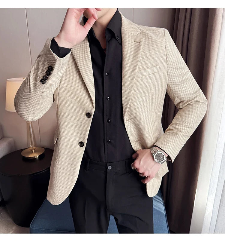 Bright Silk Thousand Bird Grid Suit Jacket Korean-style Business Fashion Slim Fit Single Breasted Men Social Party Dress Coats
