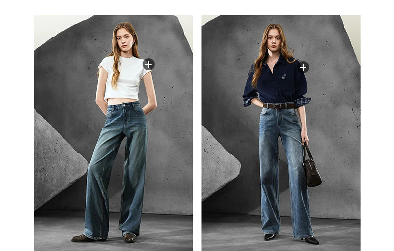 Women Denim Jeans 2025 Autumn New Lycra Stretch Straight Wide Leg Long pants