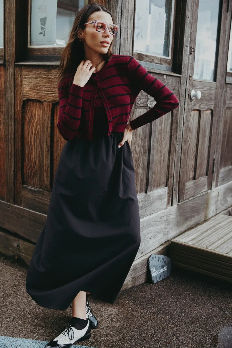 AS AW25 stripe knitting cardigan + sleeveless patch dress maxi matching set for woman clothing