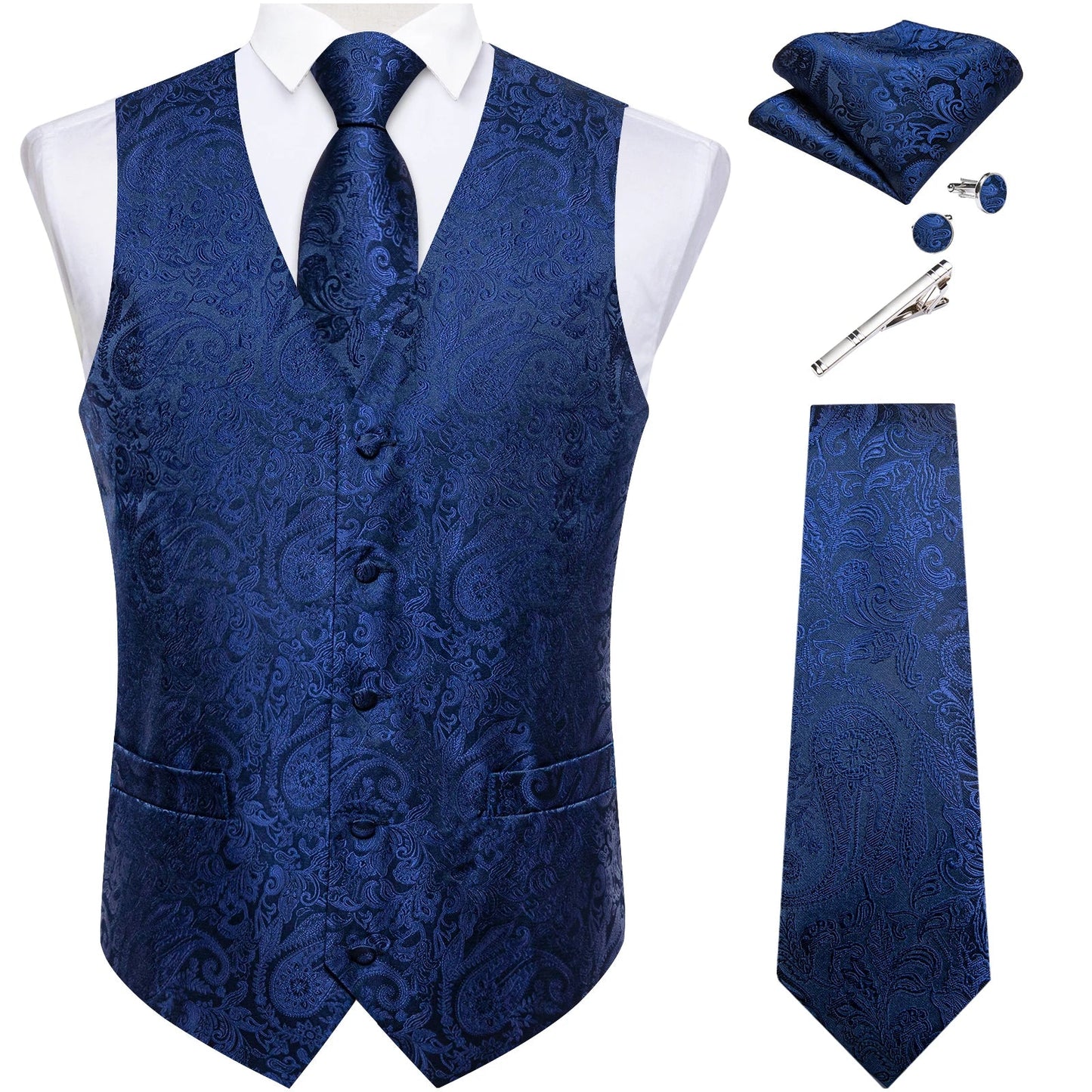 Suit Vest for Men Black Solid Paisley Wedding Prom Groom Jacquard Waistcoat with Necktie for Tuxedo Men Clothing