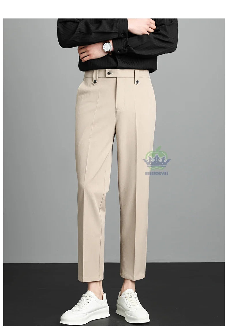 Brand High Quality Business Suit Ankle Length Pants Men Grey Khaki Waist Design Work Office Formal Long Trousers Male