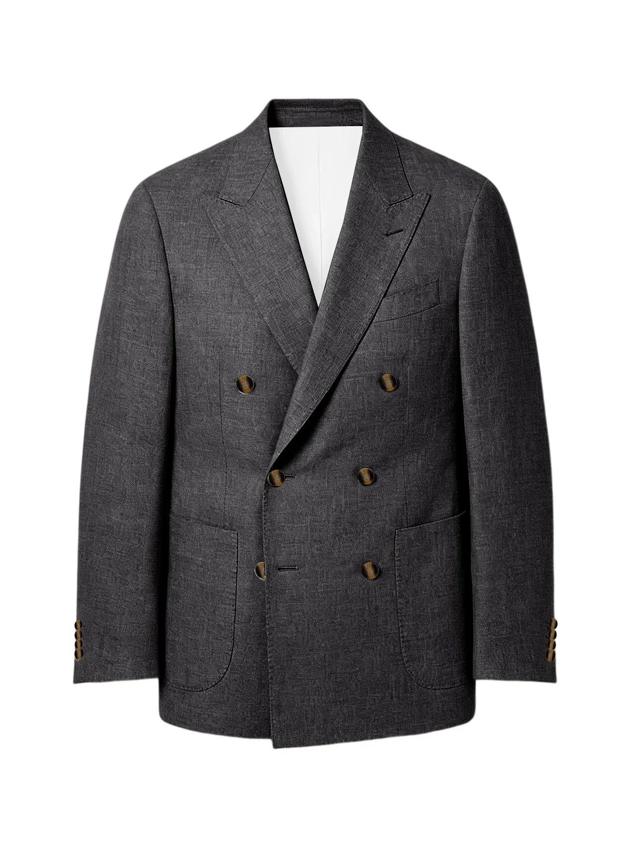 Men's Linen Double Breasted Blazer Peak Lapel Casual Business Suit Jacket With Patch Pockets For Daily Office Wear