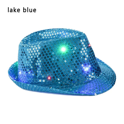 Unisex Light Up Flashing Led Fedora Trilby Jazz Hat Panama Cap Sequin