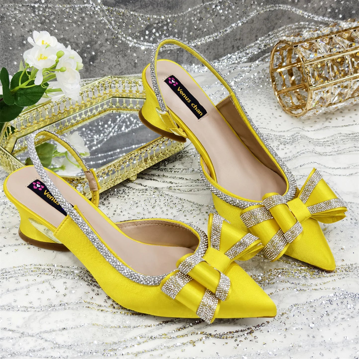 Elegant Gold Satin Rhinestone Bow Slingback Heel & Clutch Bag Set, Women Bridal Matching Kit For Wedding Party Evening Prom Form