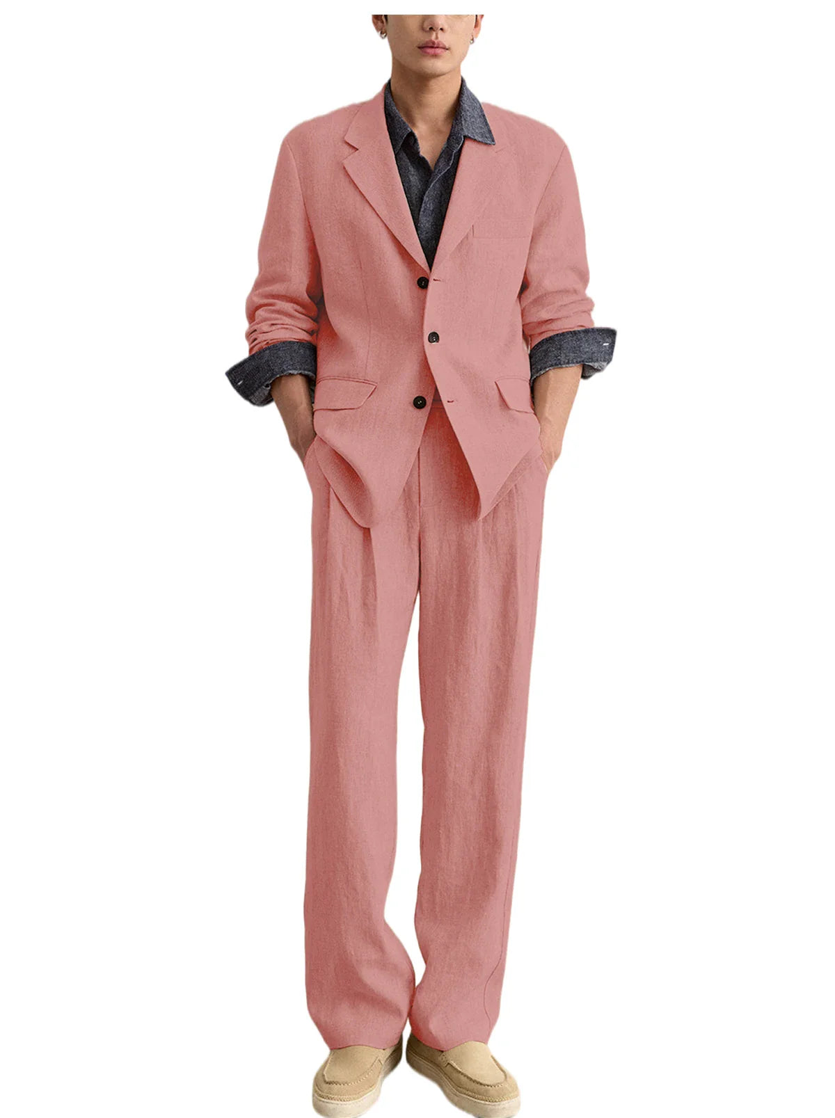 Men's Linen 2 Piece Set Notched Lapel Loose Fit Blazer Wide Leg Trousers Lightweight Breathable Spring Business Casual DailyWear