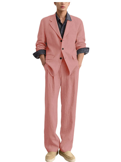 Men's Linen 2 Piece Set Notched Lapel Loose Fit Blazer Wide Leg Trousers Lightweight Breathable Spring Business Casual DailyWear