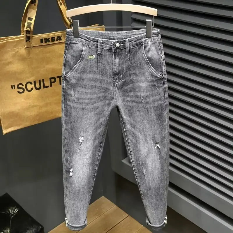 Trendy Men's Slim Fit Jeans Tear Hole Summer Thin Blue Cotton Elastic Waist Zipper Closure Casual Long Pants Youth Wear
