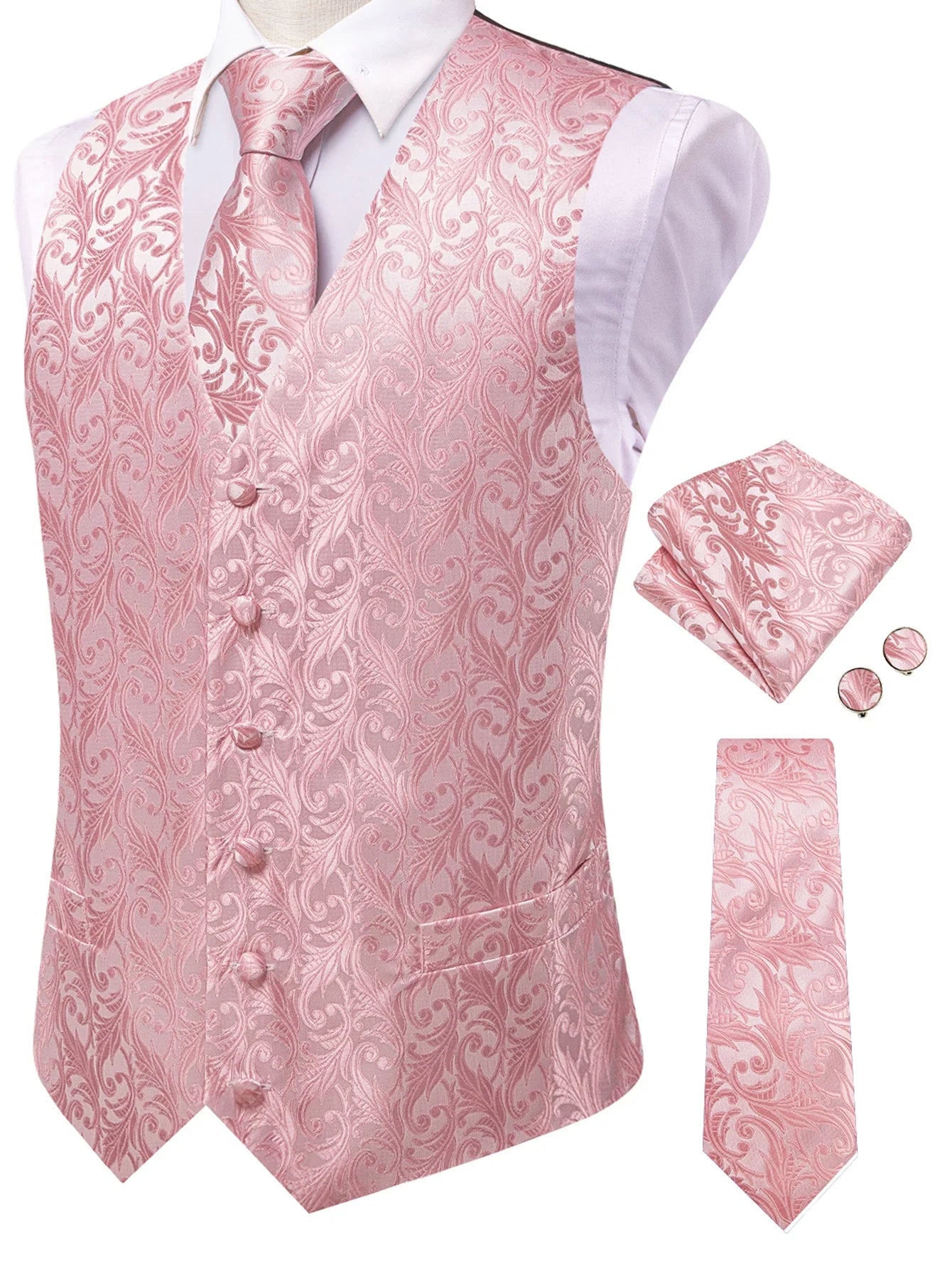 Men's Classic Floral Vest & Tie Hanky Cufflinks Set – Waistcoat for Weddings Events Party Gift