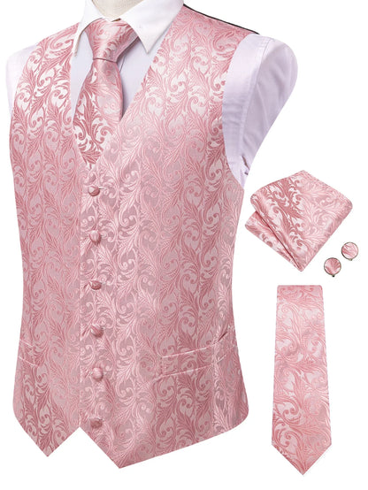 Men's Classic Floral Vest & Tie Hanky Cufflinks Set – Waistcoat for Weddings Events Party Gift