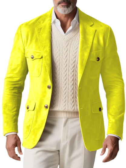 1970s Men's Suede Blazer Retro Slim Fit Two Buttons Multi Pocket High Quality Jacket Fashion Casual Sport Coat For Daily Wear