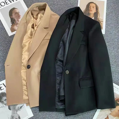 Women Fashion Single Button Blazer Vintage with Pockets Notched Neck Jacket Female Loose Version Long Sleeves Suit Outwear Tops