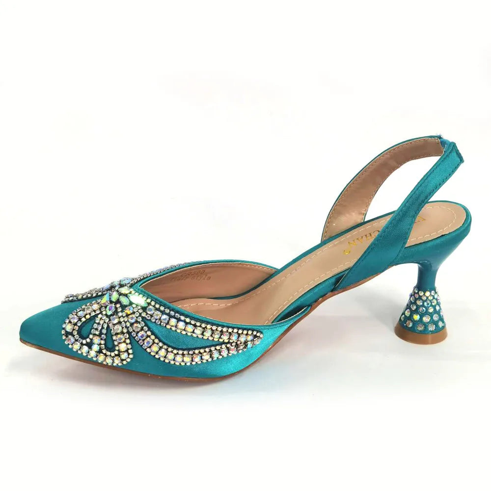 New Elegant Green Bling Bow Pointed Toe Pumps for Women 2024 Party italian Rhinestones shoes and bags matching set