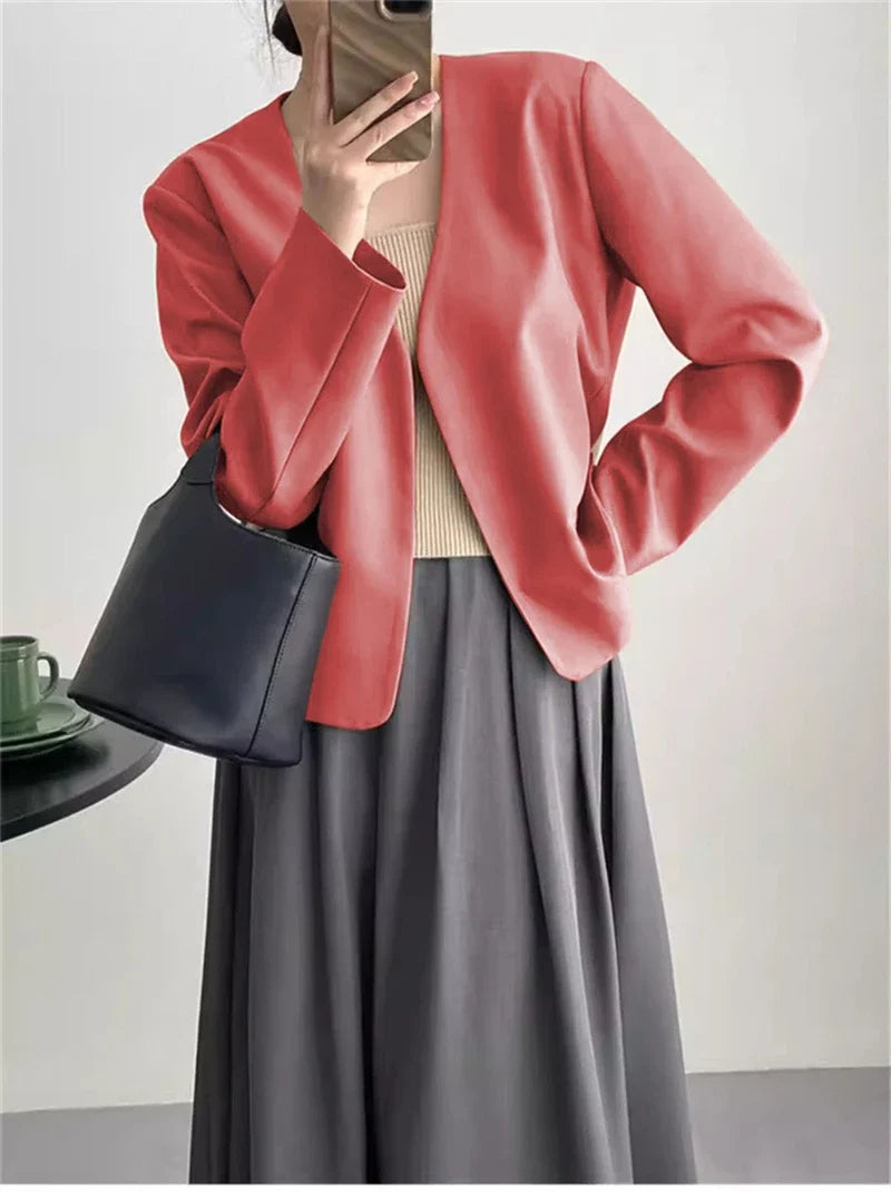 2025 Spring Autumn Fashion New Women's Suit Jackets Solid Short Coats Korean Blazers Long Sleeve Cardigan Coat Without Placket