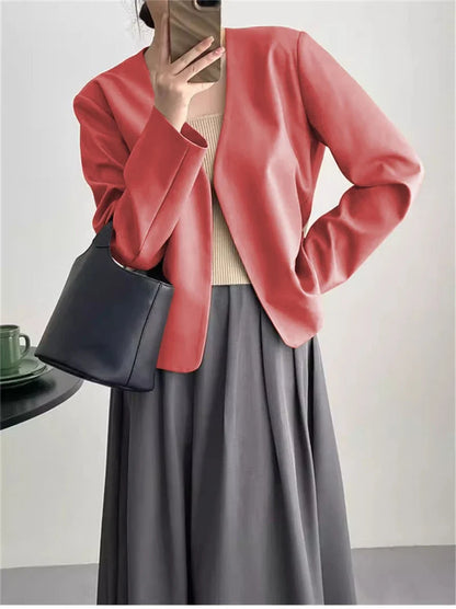 2025 Spring Autumn Fashion New Women's Suit Jackets Solid Short Coats Korean Blazers Long Sleeve Cardigan Coat Without Placket