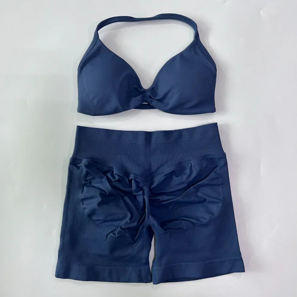 NO LOGO 2PCS Gym Set Women Strappy Yoga Bra Top High Waist Workout Scrunch Shorts Sports Suit Seamless Yoga Set Fitness Clothes