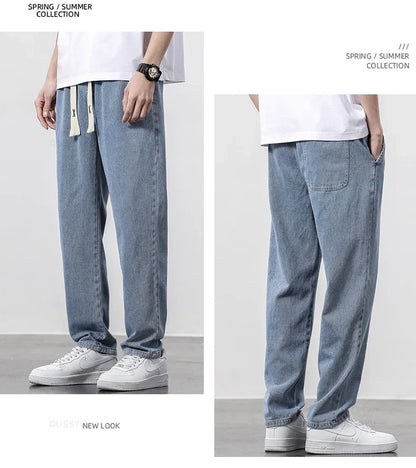 High Quality Fully Elastic Waist Men's Jeans Cotton Soft Drawstring Straight Pants Korea Casual Trousers Male Plus Size S-5XL
