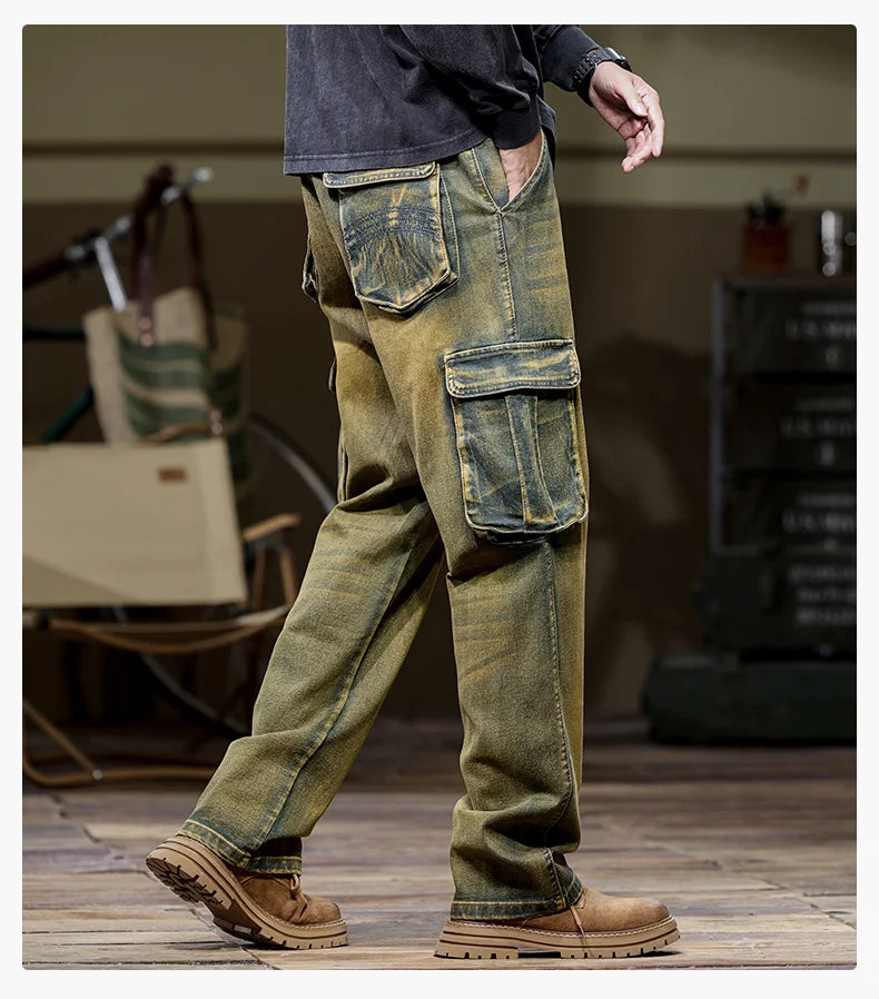 Autumn and winter new styles Men's outdoor multi-pocket cargo jeans Straight loose casual stretch fashion jeans for men