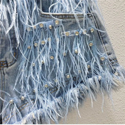 Summer Street Hot Girls Short Jeans Female Chic Feather Diamond Denim Shorts Women Retro Washed Hot Pants Sexy Night Club Shorts