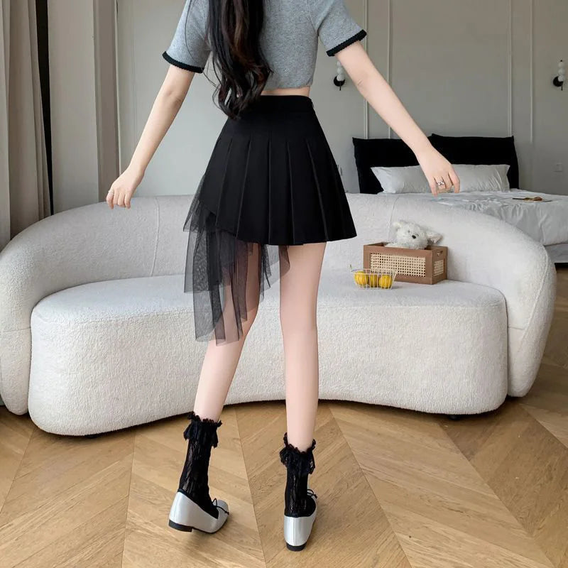 Mesh Patchwork Pleated Skirts Women High Waist Fashion Slim Sexy Mini Skirt Korean Sweet Preppy Style Spring Summer A Line Skirt