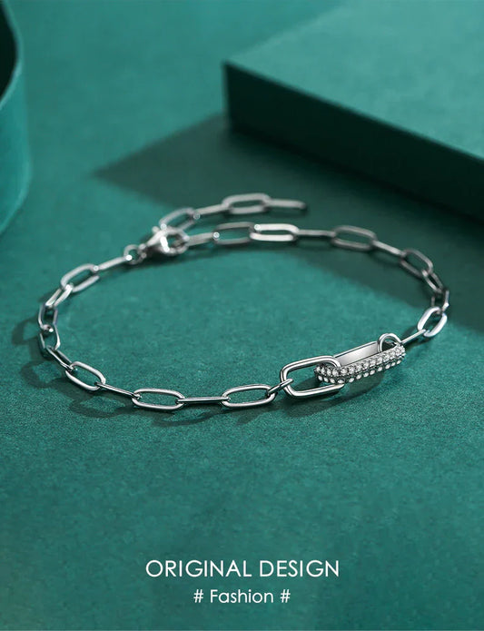 Bracelet tendance en argent sterling 925 avec maillons géométriques et zircone, pour femme, bijoux raffinés