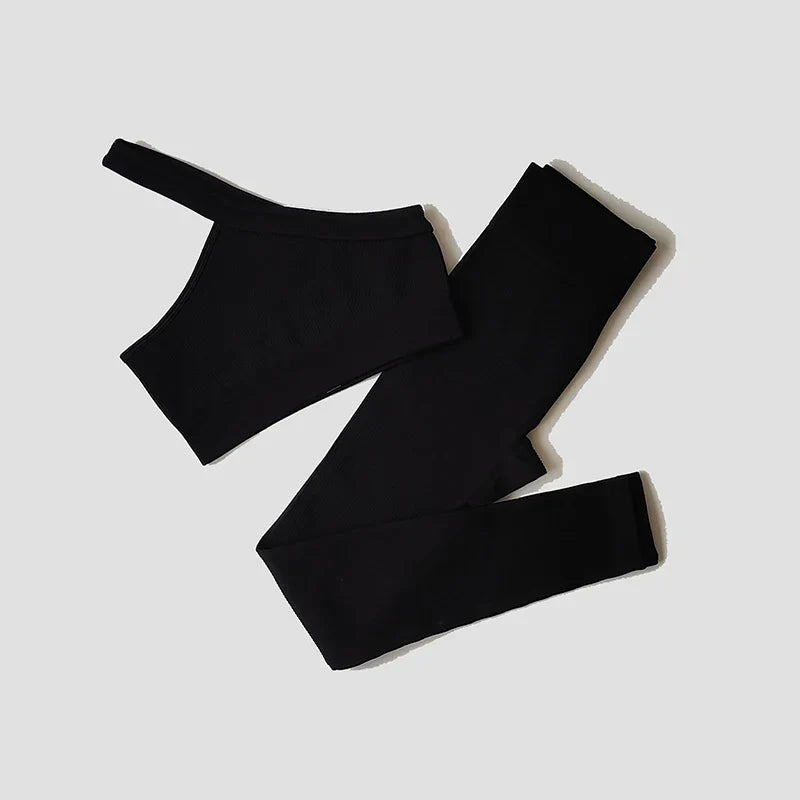 Women Yoga Set Gym Clothing Tracksuit Long Sleeve Crop Top One Shoulder Bra High Waist Seamless Leggings Fitness Sports Suits