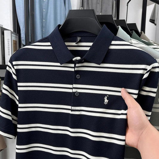 2026 New Men's Summer Short Sleeved Lapel Striped Polo Shirt, Business Casual Cool T-shirt