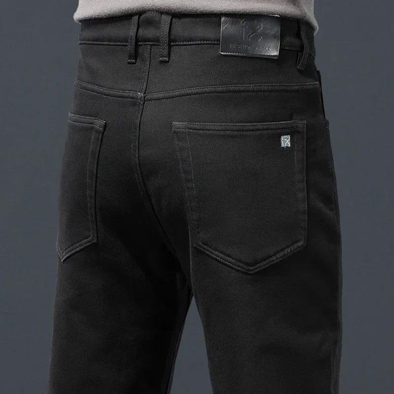 Winter Men's Fleece Warm Jeans Classic Black Plush Loose Straight Business Casual Pants Thermal Male Clothing 40 42 44