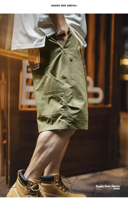 Vintage Mountain Series Lightweight Cargo Shorts Retro Double Knee Wide Leg Logger Style Outdoor Camping Men Summer
