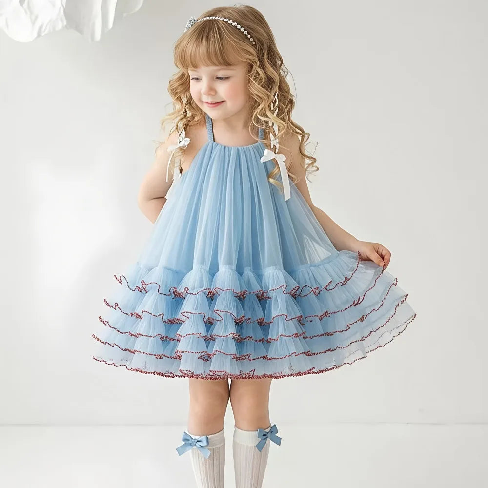 Princess Dress for Kids 1-8 Years Summer Sky Blue Cake Dress for Girls Formal Dresses Birthday Hosting Party Beach Vacation New