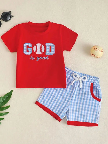 Infant Boys' Casual Round Neck Short Sleeve Set with Baseball Pattern Embroidery And Letters Toddler Boy's Comfortable Clothing