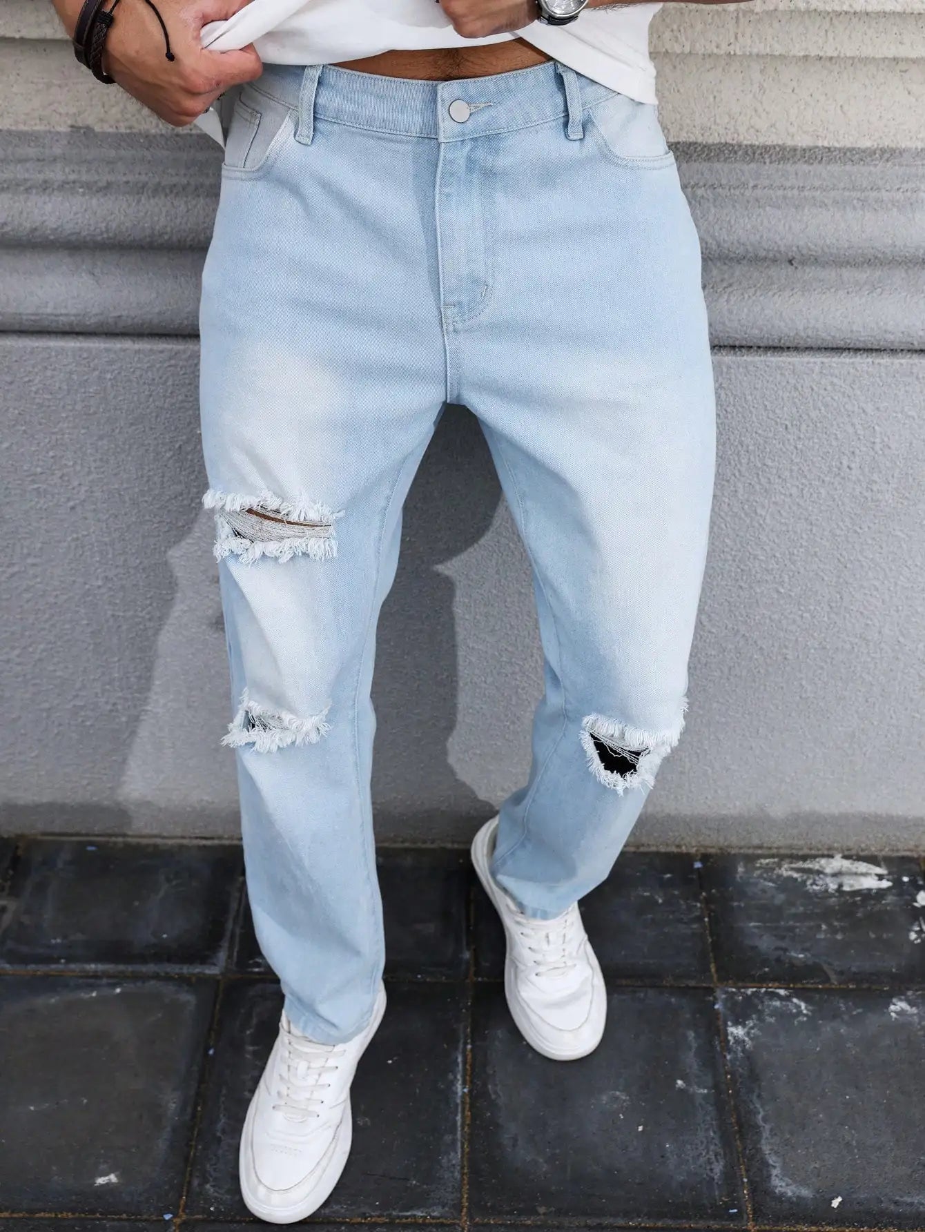 Men's Light Blue Ripped Jeans for Spring and Autumn. Casual Denim Trousers. Street Ripped Daily Casual