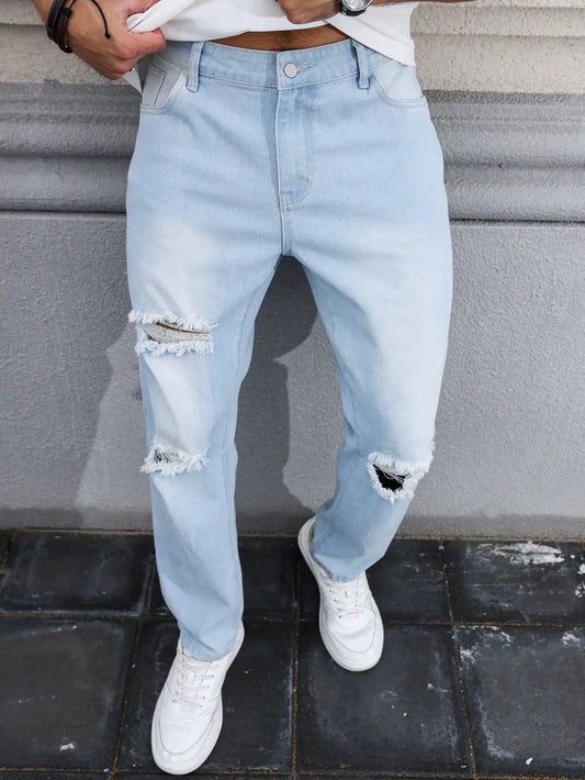 Men's Light Blue Ripped Jeans for Spring and Autumn. Casual Denim Trousers. Street Ripped Daily Casual
